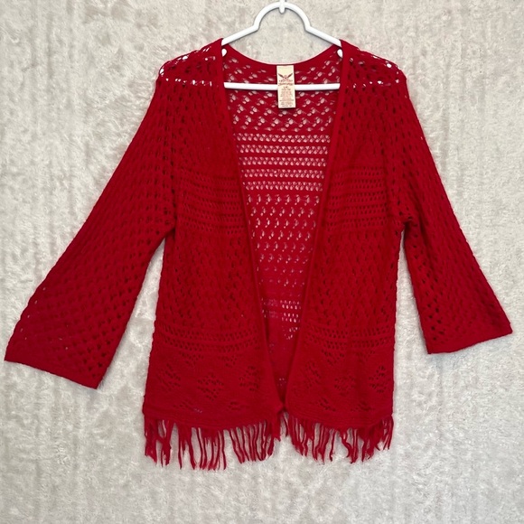 Red Boho Crochet Open Knit Cardigan Fringe Sz L Festival Grunge Bell Sleeve - Picture 1 of 14